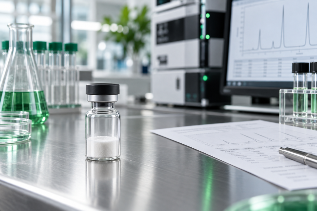 Laboratory vial beside analytical equipment